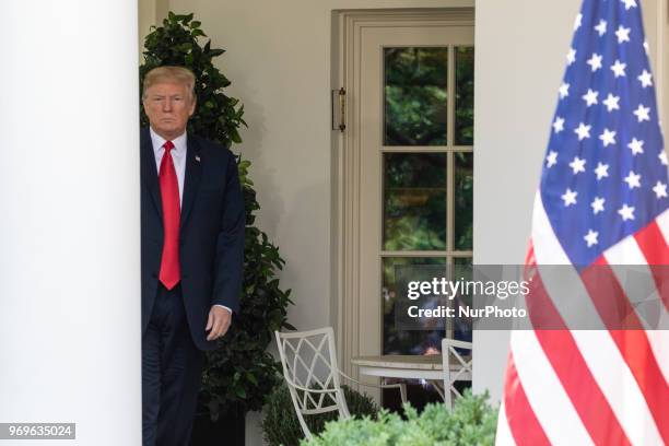 President Donald Trump leaves the Oval office for his joint press conference with Prime Minister of Japan Shinz Abe in the Rose Garden at the White...