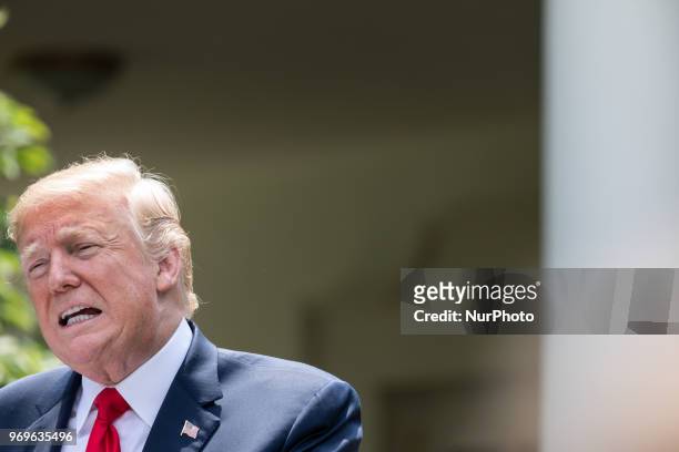 President Donald Trump speaks at his joint press conference with Prime Minister of Japan Shinz Abe, in the Rose Garden at the White House in...