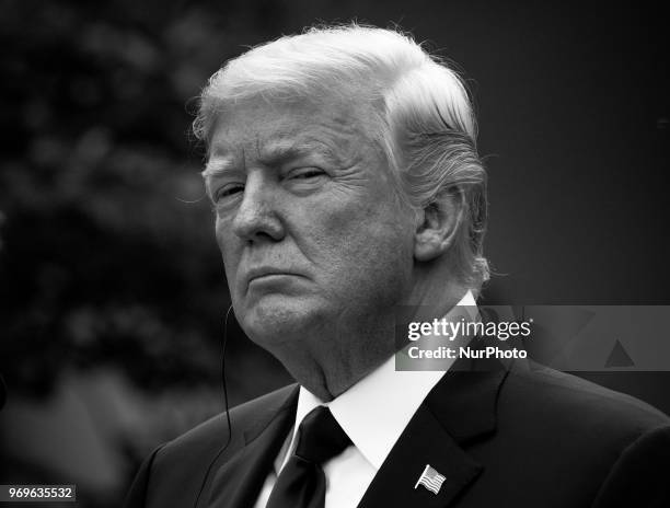 President Donald Trump at his joint press conference with Prime Minister of Japan Shinz Abe, in the Rose Garden at the White House in Washington,...