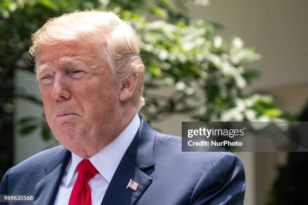 President Donald Trump at his joint press conference with Prime Minister of Japan Shinz Abe, in the Rose Garden at the White House in Washington,...