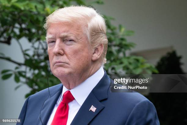 President Donald Trump at his joint press conference with Prime Minister of Japan Shinz Abe, in the Rose Garden at the White House in Washington,...