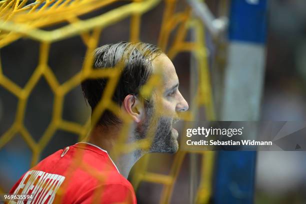 Silvio Heinevetter of Germany looks on during the handball International friendly between Germany and Norway at Olympiahalle on June 6, 2018 in...