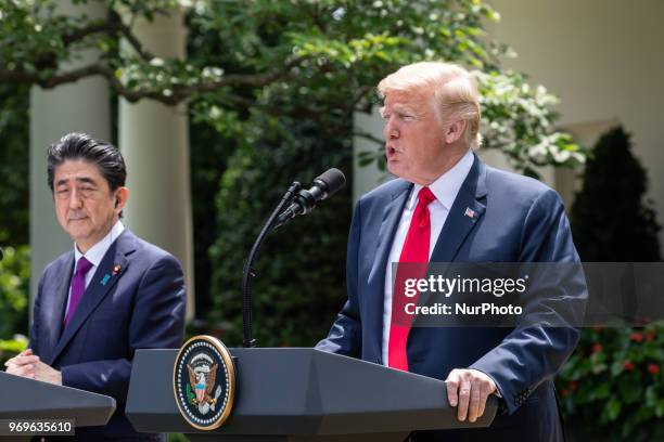 Prime Minister of Japan Shinz Abe, and U.S. President Donald Trump hold a joint press conference in the Rose Garden at the White House in Washington,...