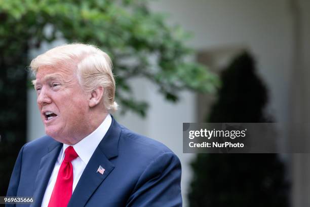 President Donald Trump speaks at his joint press conference with Prime Minister of Japan Shinz Abe in the Rose Garden at the White House in...