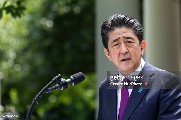 Prime Minister of Japan Shinz Abe speaks at his joint press conference with U.S. President Donald Trump, in the Rose Garden at the White House in...