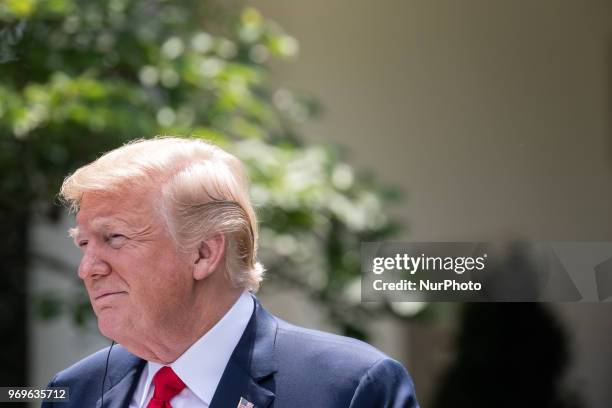 President Donald Trump at his joint press conference with Prime Minister of Japan Shinz Abe, in the Rose Garden at the White House in Washington,...