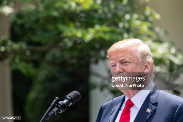 President Donald Trump at his joint press conference with Prime Minister of Japan Shinz Abe, in the Rose Garden at the White House in Washington,...