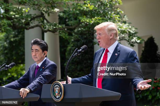 Prime Minister of Japan Shinz Abe, and U.S. President Donald Trump hold a joint press conference in the Rose Garden at the White House in Washington,...