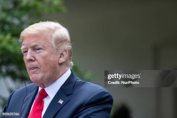 President Donald Trump at his joint press conference with Prime Minister of Japan Shinz Abe, in the Rose Garden at the White House in Washington,...