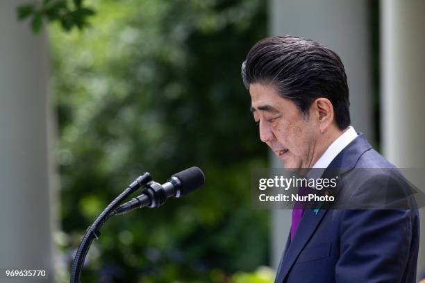 Prime Minister of Japan Shinz Abe speaks at his joint press conference with U.S. President Donald Trump, in the Rose Garden at the White House in...