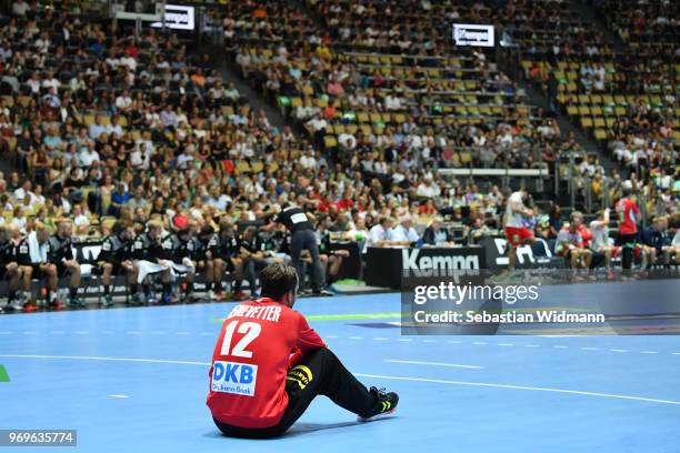 Silvio Heinevetter of Germany looks on during the handball International friendly between Germany and Norway at Olympiahalle on June 6, 2018 in...