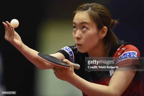 Kasumi Ishikawa of Japan competes against Hayeong Kim of South Korea during the women's singles round one match on day one of the ITTF World Tour...