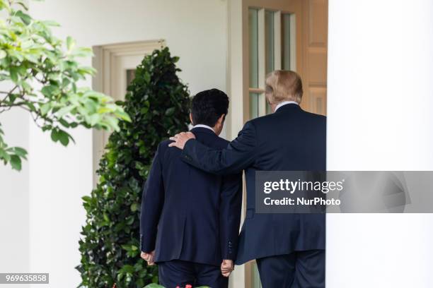 Prime Minister of Japan Shinz Abe, and U.S. President Donald Trump leave their joint press conference in the Rose Garden at the White House in...