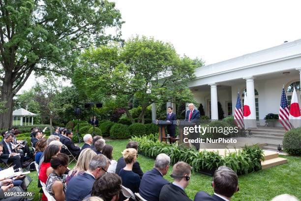 Prime Minister of Japan Shinz Abe, and U.S. President Donald Trump hold a joint press conference in the Rose Garden at the White House in Washington,...