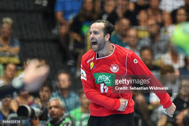 Silvio Heinevetter of Germany gestures during the handball International friendly between Germany and Norway at Olympiahalle on June 6, 2018 in...