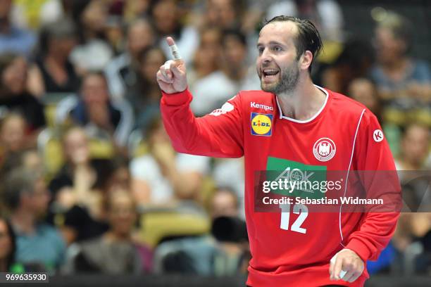 Silvio Heinevetter of Germany gestures during the handball International friendly between Germany and Norway at Olympiahalle on June 6, 2018 in...