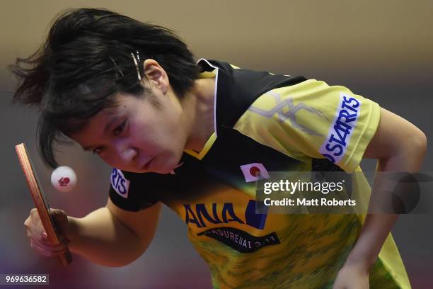 Miu Hirano of Japan competes against Fu Yu of Portugal during the women's singles round one match on day one of the ITTF World Tour LION Japan Open...