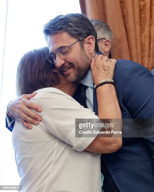 New Spanish Culture and Sports Minister, Maxim Huerta hugs her mother Clara after the traditional ceremony of transfer of powers at Culture Ministry...