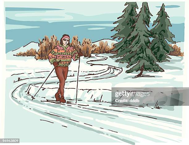 cross country skiing sketch - cross country skiing stock illustrations