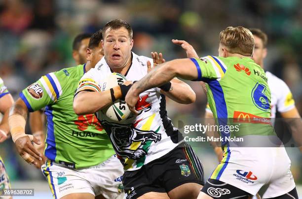 Trent Merrin of the Panthers in action during the round 14 NRL match between the Canberra Raiders and the Penrith Panthers at GIO Stadium on June 8,...