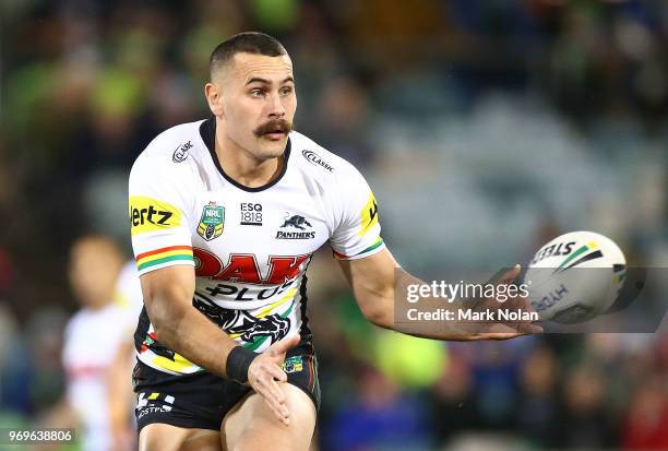 Regan Campbell-Gillard of the Panthers in action during the round 14 NRL match between the Canberra Raiders and the Penrith Panthers at GIO Stadium...