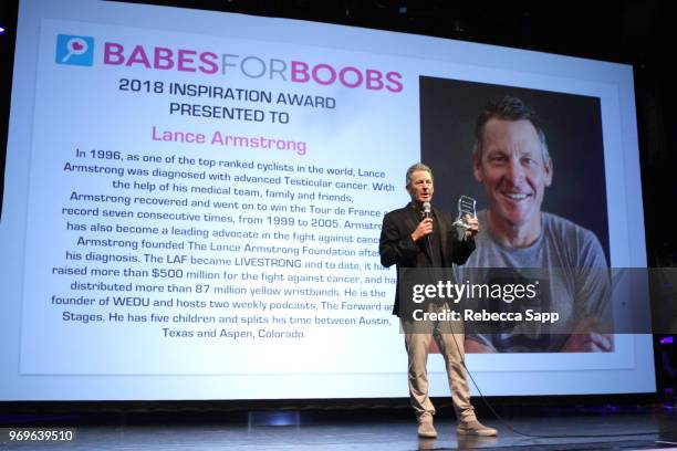 Lance Armstrong receives award at Babes for Boobs Live Auction Benefiting Susan G. Komen LA at El Rey Theatre on June 7, 2018 in Los Angeles,...