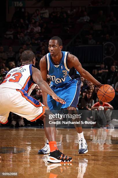 Rodrique Beaubois of the Dallas Mavericks handles the ball against Toney Douglas of the New York Knicks during the game on January 24, 2010 at...