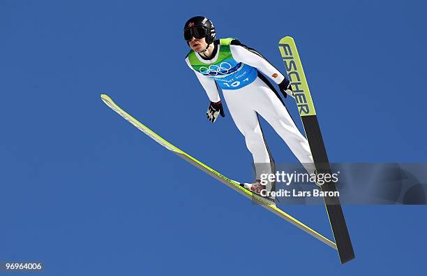 Anders Jacobsen of Norway competes in the men's ski jumping team event on day 11 of the 2010 Vancouver Winter Olympics at Whistler Olympic Park Ski...