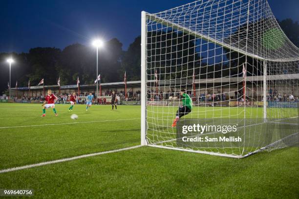 Karpatalya score a penalty in the 4 - 2 victory for Karpatalya against Szekely Land during the Conifa Paddy Power World Football Cup semi finals on...