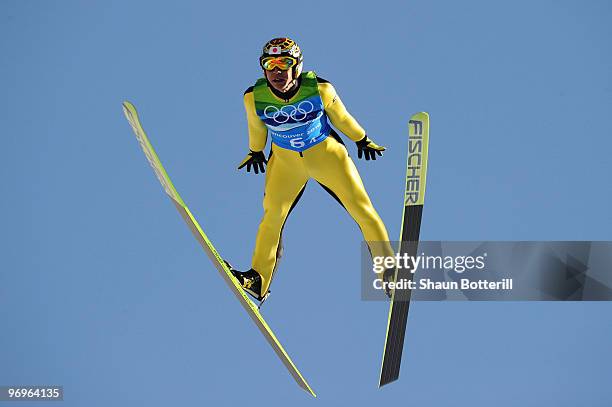 Noriaki Kasai of Japan competes in the men's ski jumping team event on day 11 of the 2010 Vancouver Winter Olympics at Whistler Olympic Park Ski...