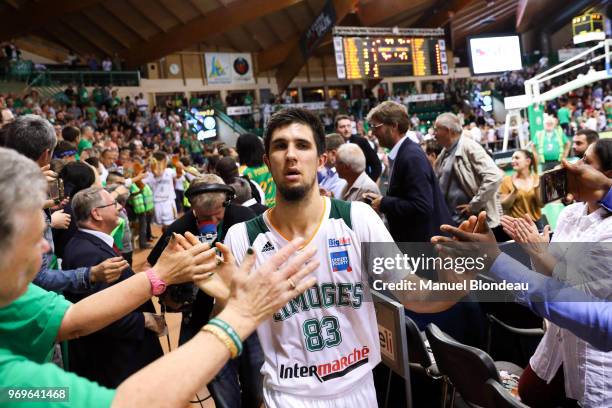 Axel Bouteille of Limoges celebrates victory with supporters during the Jeep Elite match Limoges and Monaco at Palais des Sports de Beaublanc on June...