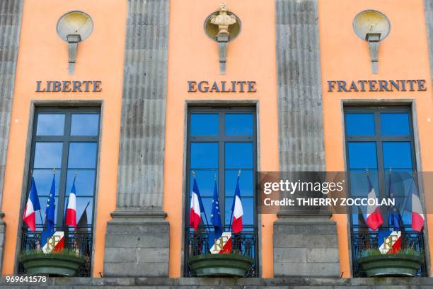 Picture taken on May 2, 2018 shows the city hall in Aurillac. - The initiative "A roof, a job" helps former homeless people to make a fresh start in...
