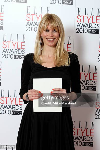 Model winner Claudia Schiffer in the Winner's room at the ELLE Style Awards 2010 at the Grand Connaught Rooms on February 22, 2010 in London, England.