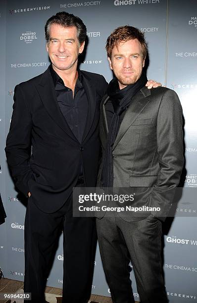 Actors Pierce Brosnan and Ewan McGregor attend the Cinema Society & Screevision screening of "The Ghost Writer" at the Crosby Street Hotel on...