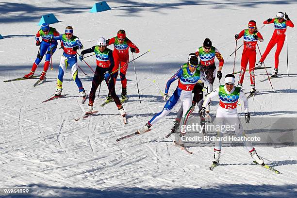 Charlotte Kalla of Sweden leads the pack during the cross country skiing ladies team sprint final on day 11 of the 2010 Vancouver Winter Olympics at...