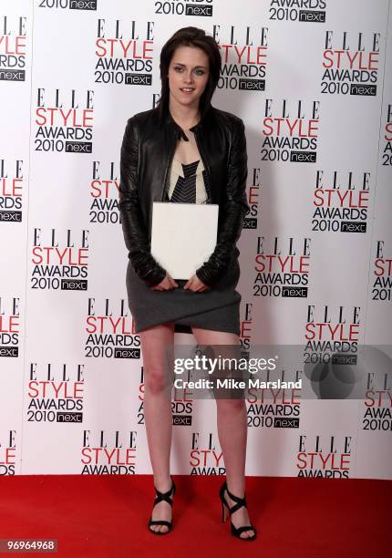 Woman of the Year winner Kristen Stewart poses in the Winner's room at the ELLE Style Awards 2010 at the Grand Connaught Rooms on February 22, 2010...