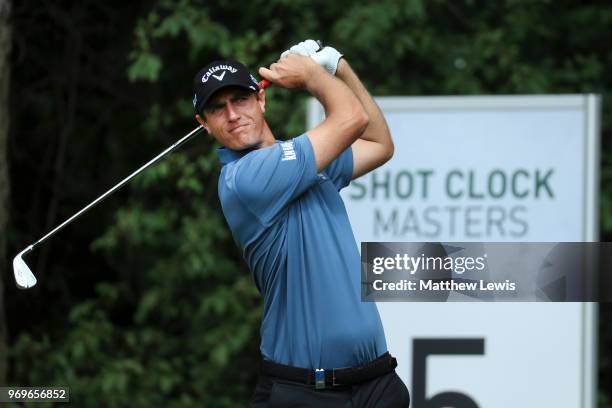 Nicolas Colsaerts of Belgium tees off on the 5th hole during day two of The 2018 Shot Clock Masters at Diamond Country Club on June 8, 2018 in...