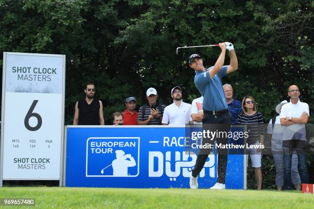 Nicolas Colsaerts of Belgium tees off on the 6th hole during day two of The 2018 Shot Clock Masters at Diamond Country Club on June 8, 2018 in...