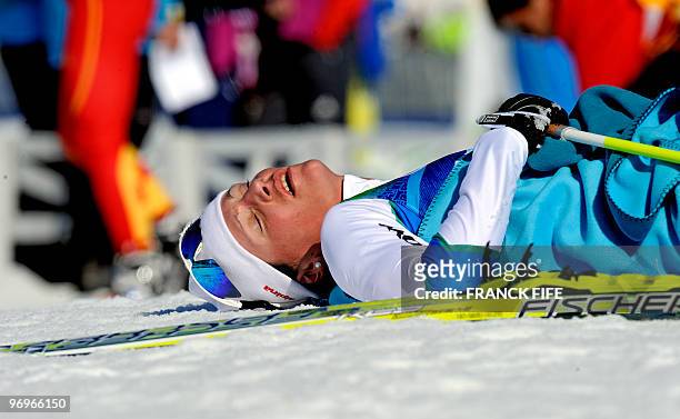 Slovenian Katja Visnar reacts after the women's Cross Country team sprint semifinals at the Whistler Olympic Park during the Vancouver Winter...