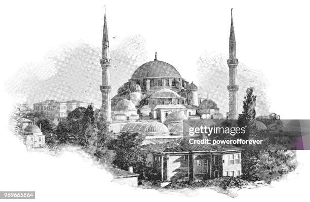 the şehzade mosque in istanbul, turkey - 19th century - istanbul mosque stock illustrations