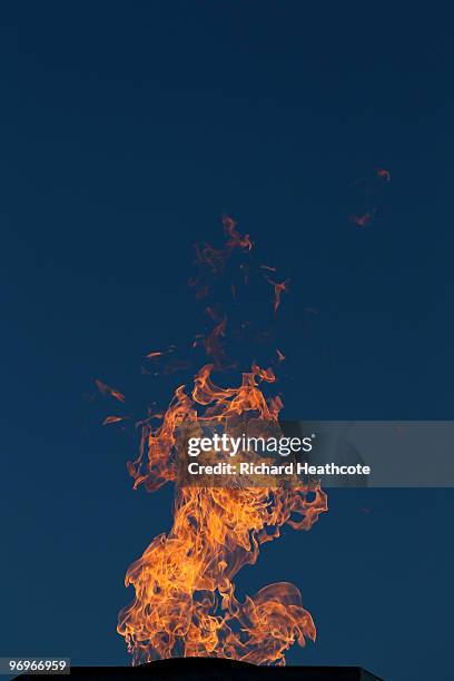 The Olympic Flame burns at the Whistler Medals Plaza on day 9 of the Vancouver 2010 Winter Olympics at Whistler Medals Plaza on February 20, 2010 in...