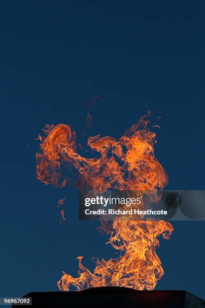 The Olympic Flame burns at the Whistler Medals Plaza on day 9 of the Vancouver 2010 Winter Olympics at Whistler Medals Plaza on February 20, 2010 in...