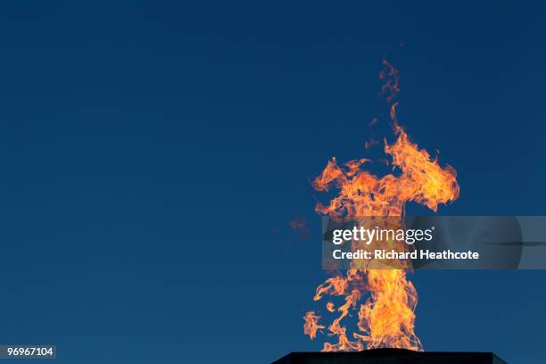 The Olympic Flame burns at the Whistler Medals Plaza on day 9 of the Vancouver 2010 Winter Olympics at Whistler Medals Plaza on February 20, 2010 in...