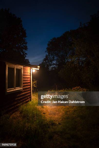 forest cabin with exterior lighting - ウップランド ストックフォトと画像