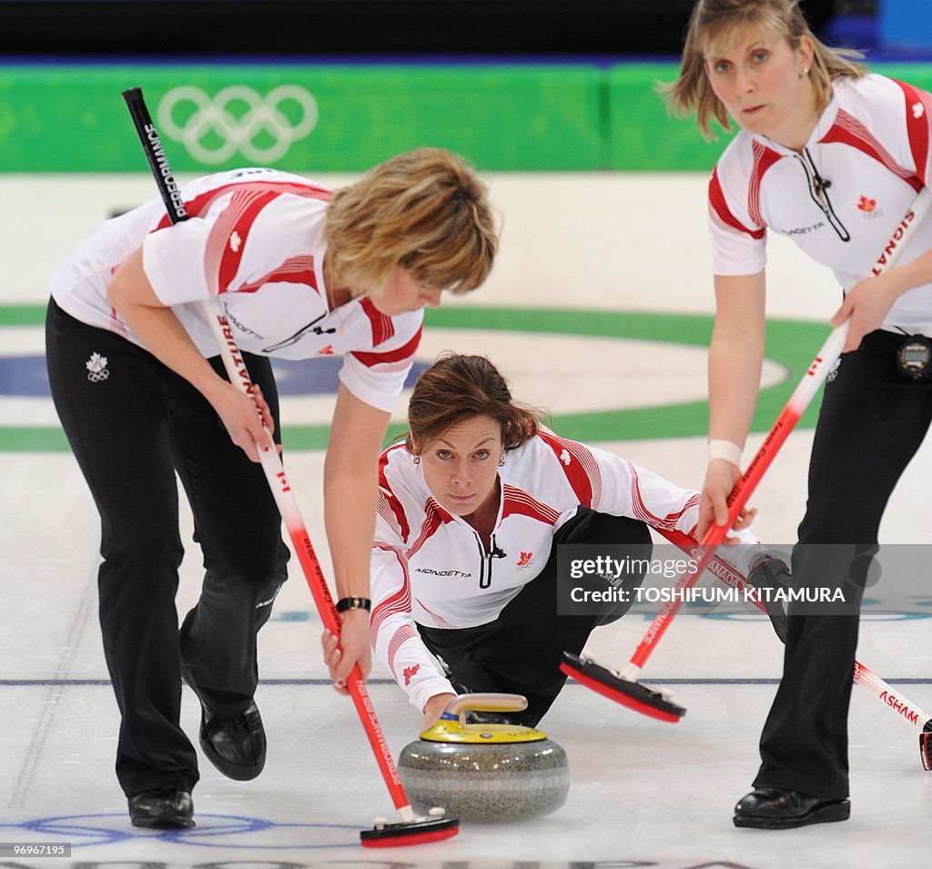 Canada's Cheryl Bernard (C) watches the