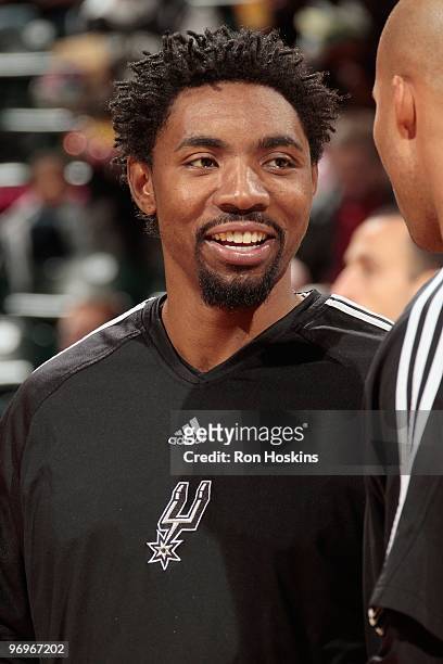 Roger Mason Jr. #8 of the San Antonio Spurs smiles during warmups before the game against the Indiana Pacers on February 17, 2010 at Conseco...