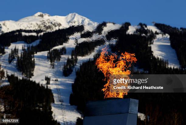 The Olympic Flame burns at the Whistler Medals Plaza on day 9 of the Vancouver 2010 Winter Olympics at Whistler Medals Plaza on February 20, 2010 in...