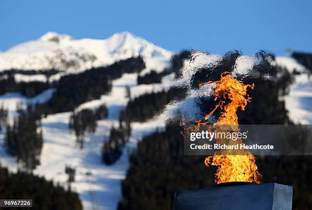 The Olympic Flame burns at the Whistler Medals Plaza on day 9 of the Vancouver 2010 Winter Olympics at Whistler Medals Plaza on February 20, 2010 in...