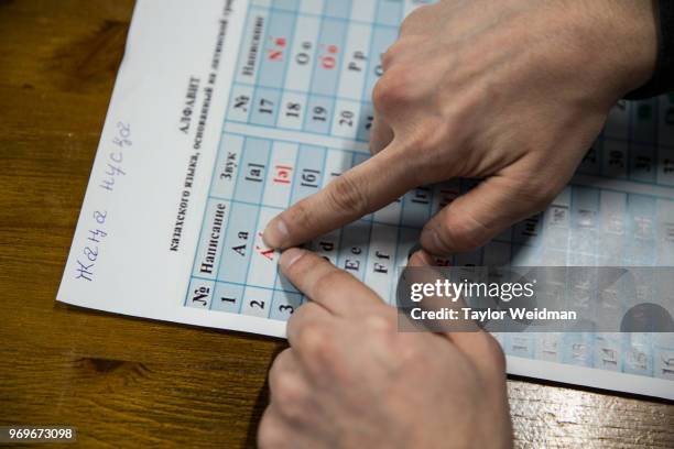 Man studies the new alphabet in Astana, Kazakhstan. Kazakhstan is changing its alphabet from Cyrillic script to the Latin script favored in the West.