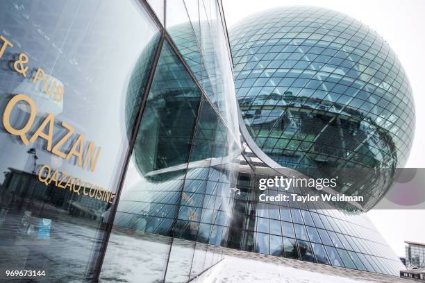 Restaurant lists its name in the new alphabet in the Expo Center in Astana, Kazakhstan. Kazakhstan is changing its alphabet from Cyrillic script to...